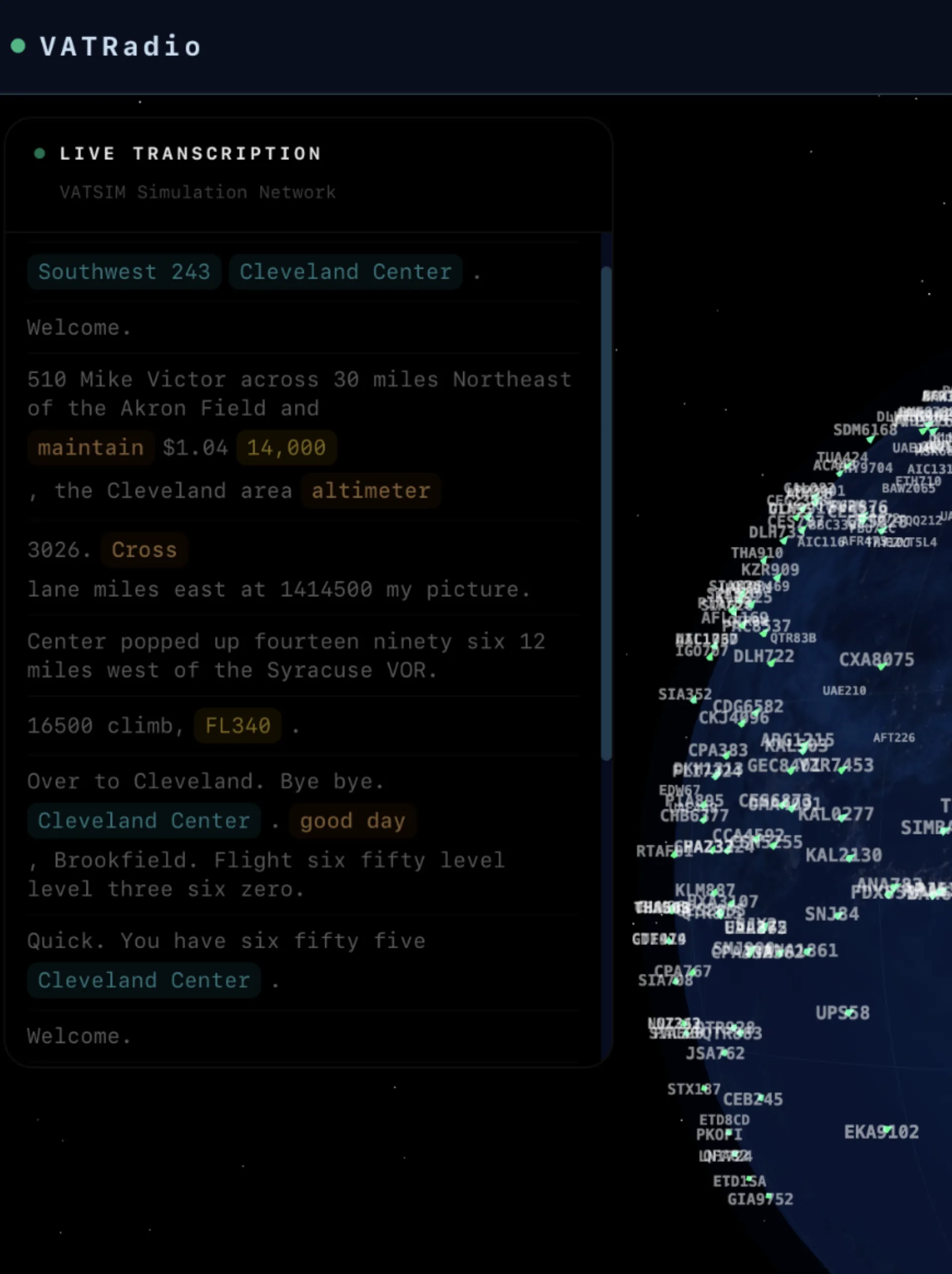 VATRADIO — live ATC transcription beside a 3D globe of real-time VATSIM traffic